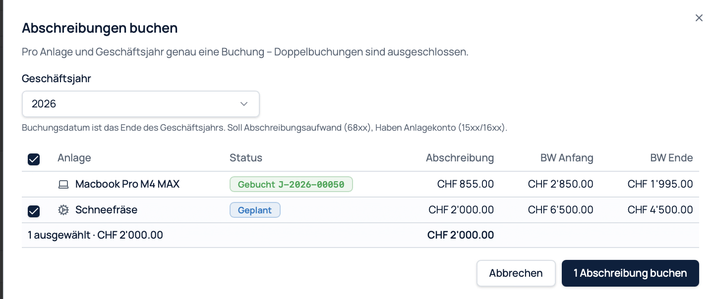 Dialog Abschreibungen buchen mit ausgewaehlten Anlagen und den faelligen Betraegen pro Geschaeftsjahr
