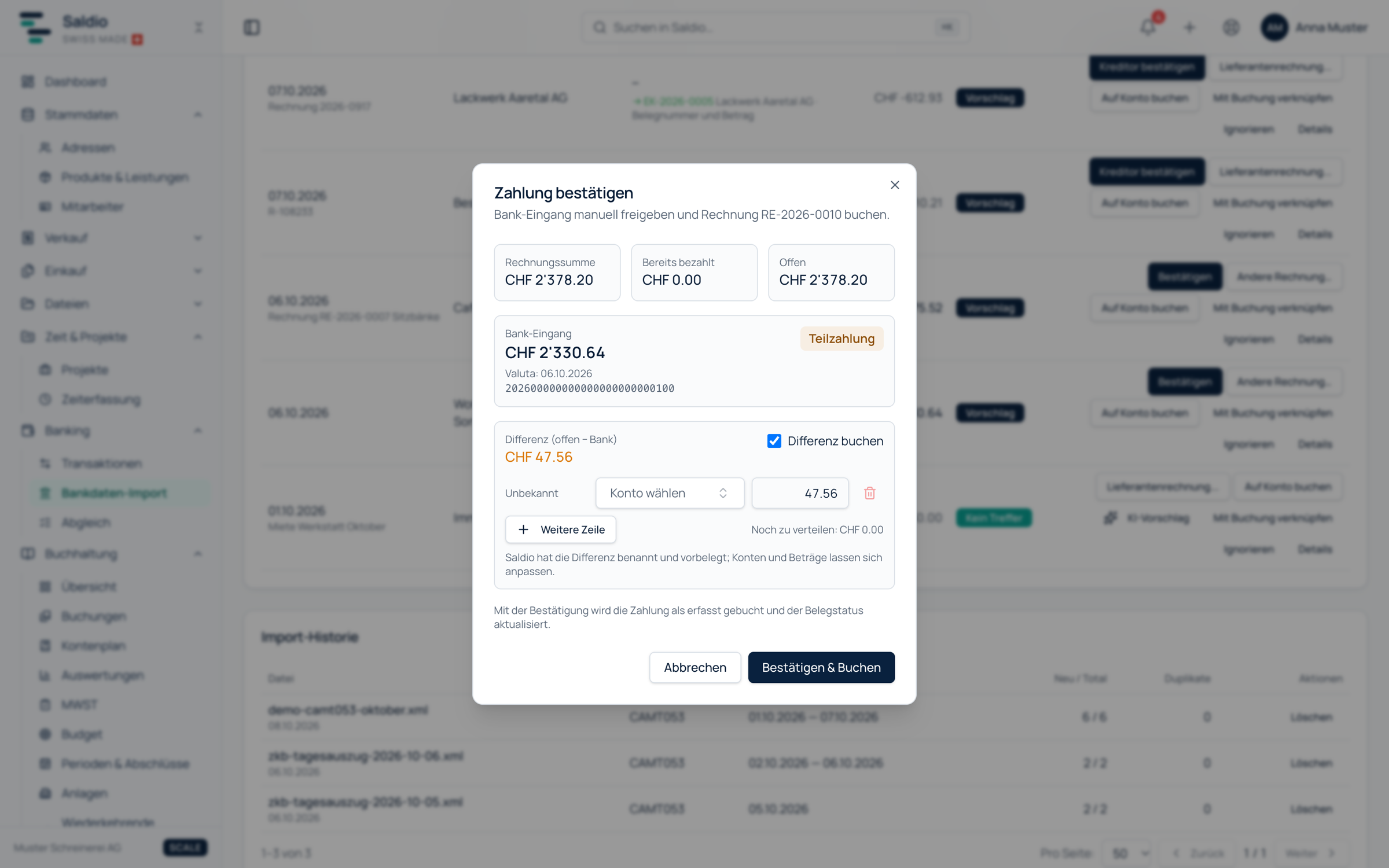 Dialog Zahlung bestätigen mit einer Differenz von CHF 47.56 zwischen offenem Betrag und Bank-Eingang