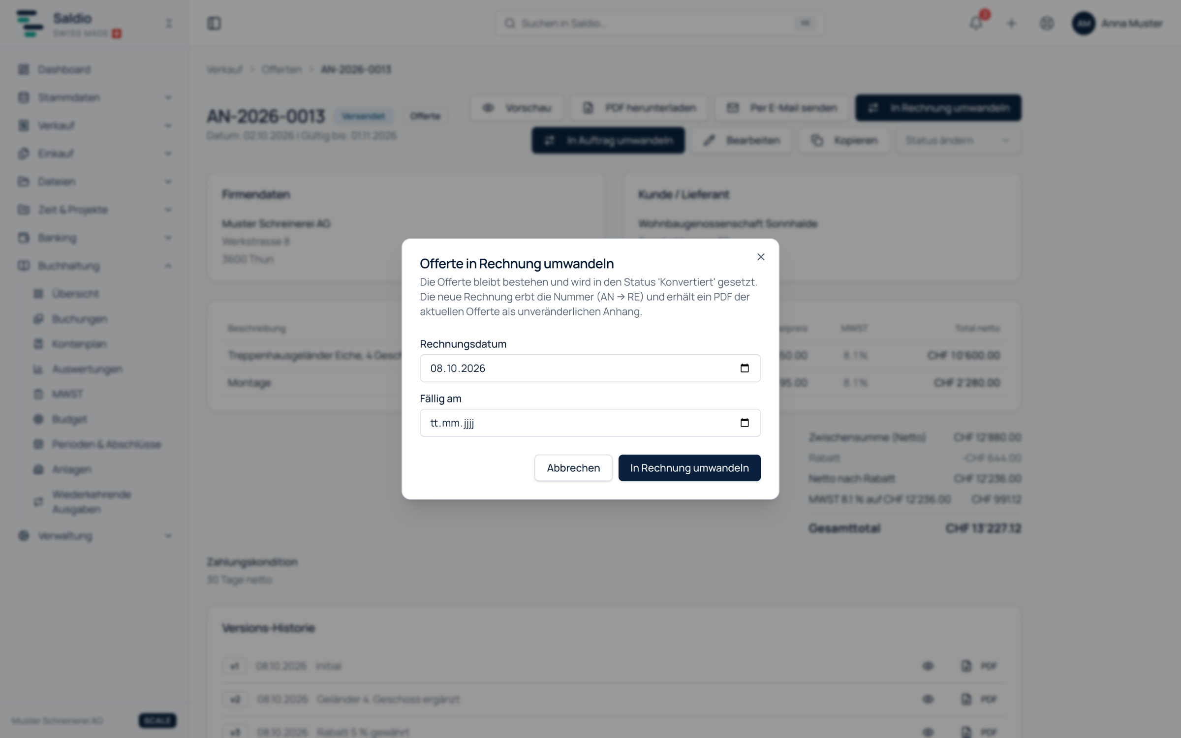 Dialog Offerte in Rechnung umwandeln mit Hinweis auf Nummernübernahme und PDF-Anhang