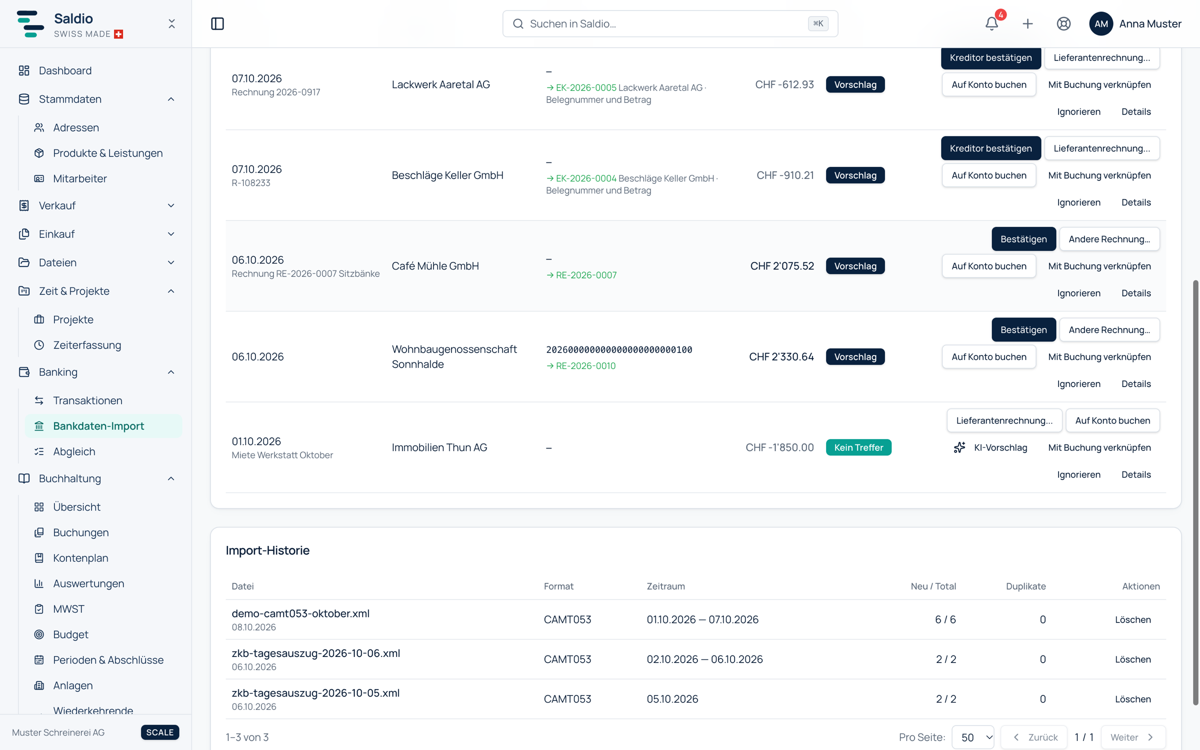 Import-Historie mit Datei, Format, Zeitraum und Trefferzahlen je Bankdatei
