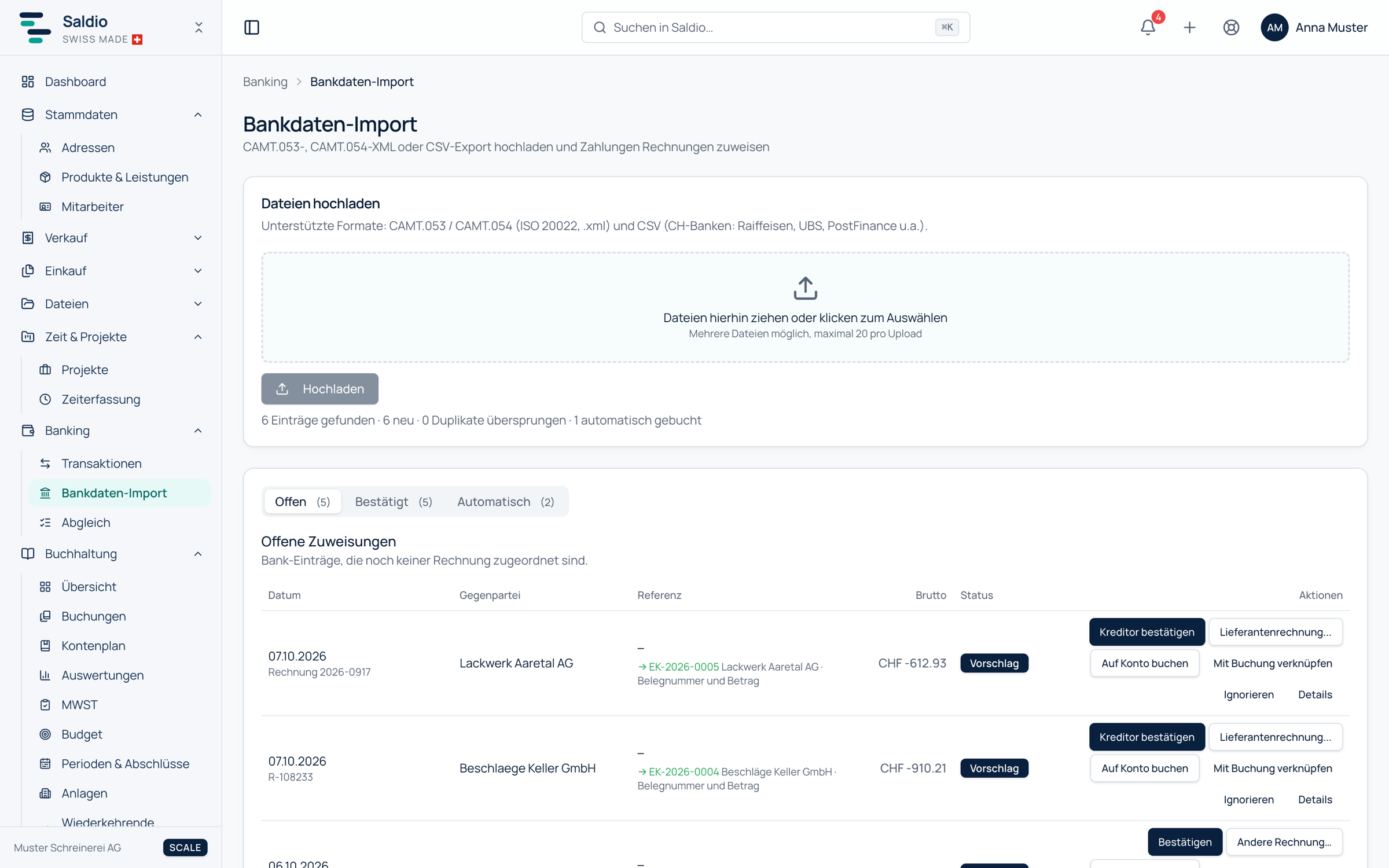 Bankdaten-Import nach dem Upload mit Zusammenfassung zu neuen Einträgen, Duplikaten und automatisch gebuchten Zeilen