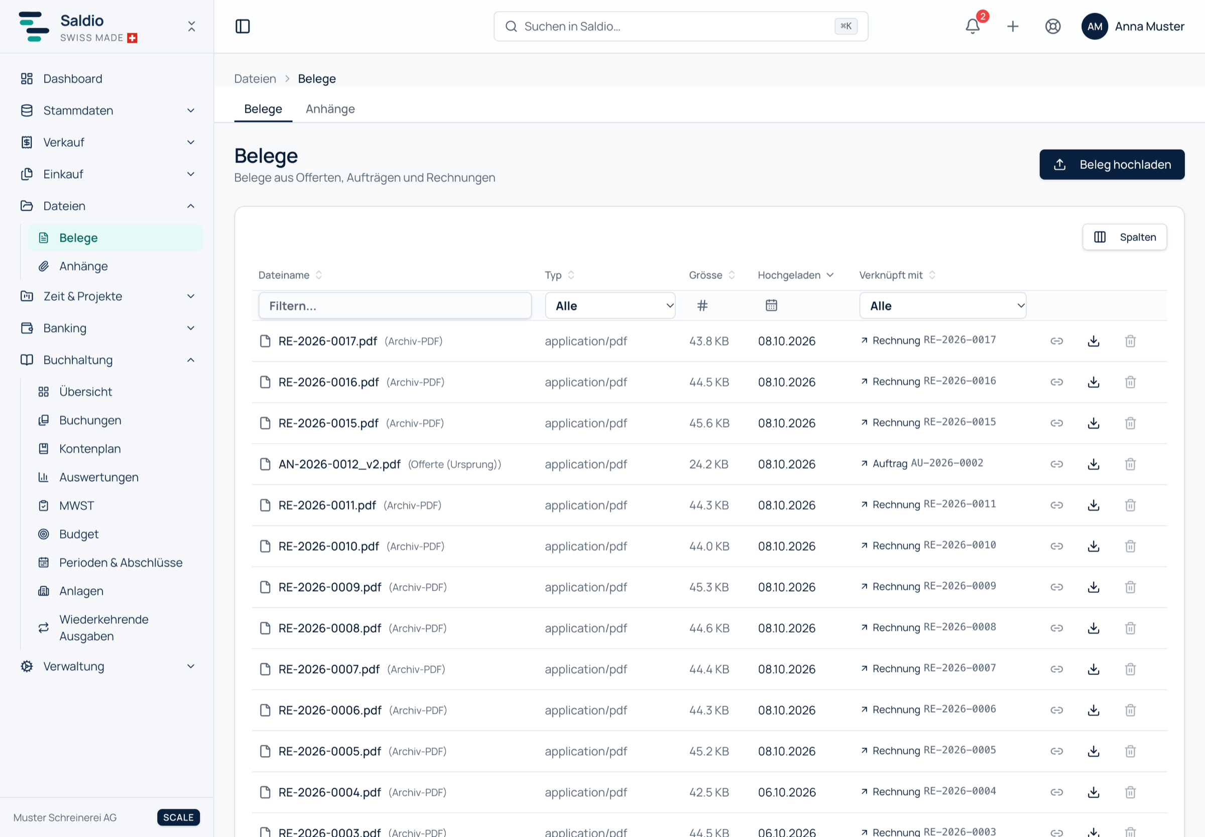 Belegablage in Saldio mit Dateiname, Typ, Grösse, Uploaddatum und Verknüpfung je Datei