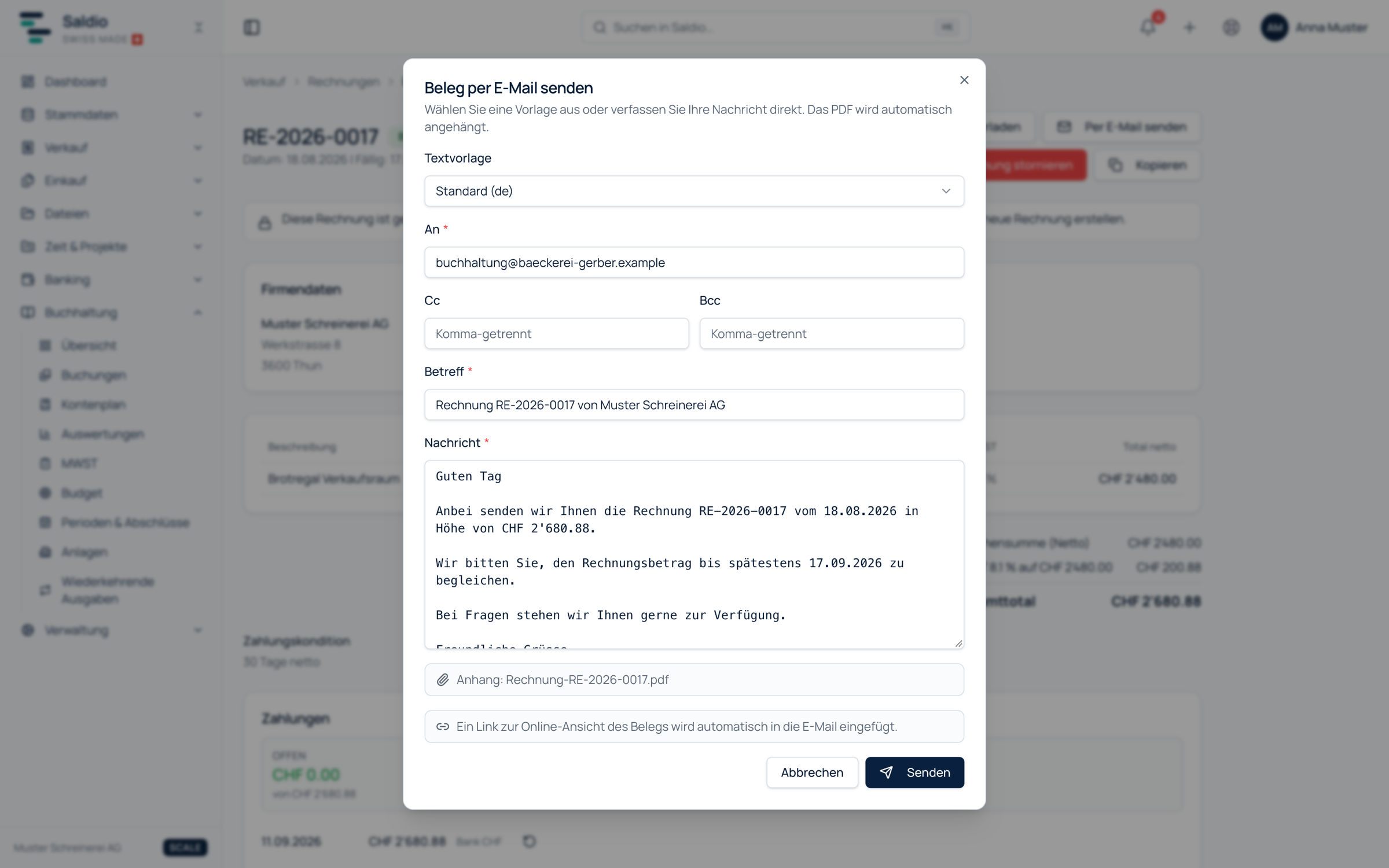 Versanddialog mit aufgelöster E-Mail-Vorlage, PDF-Anhang und Hinweis auf den Online-Link