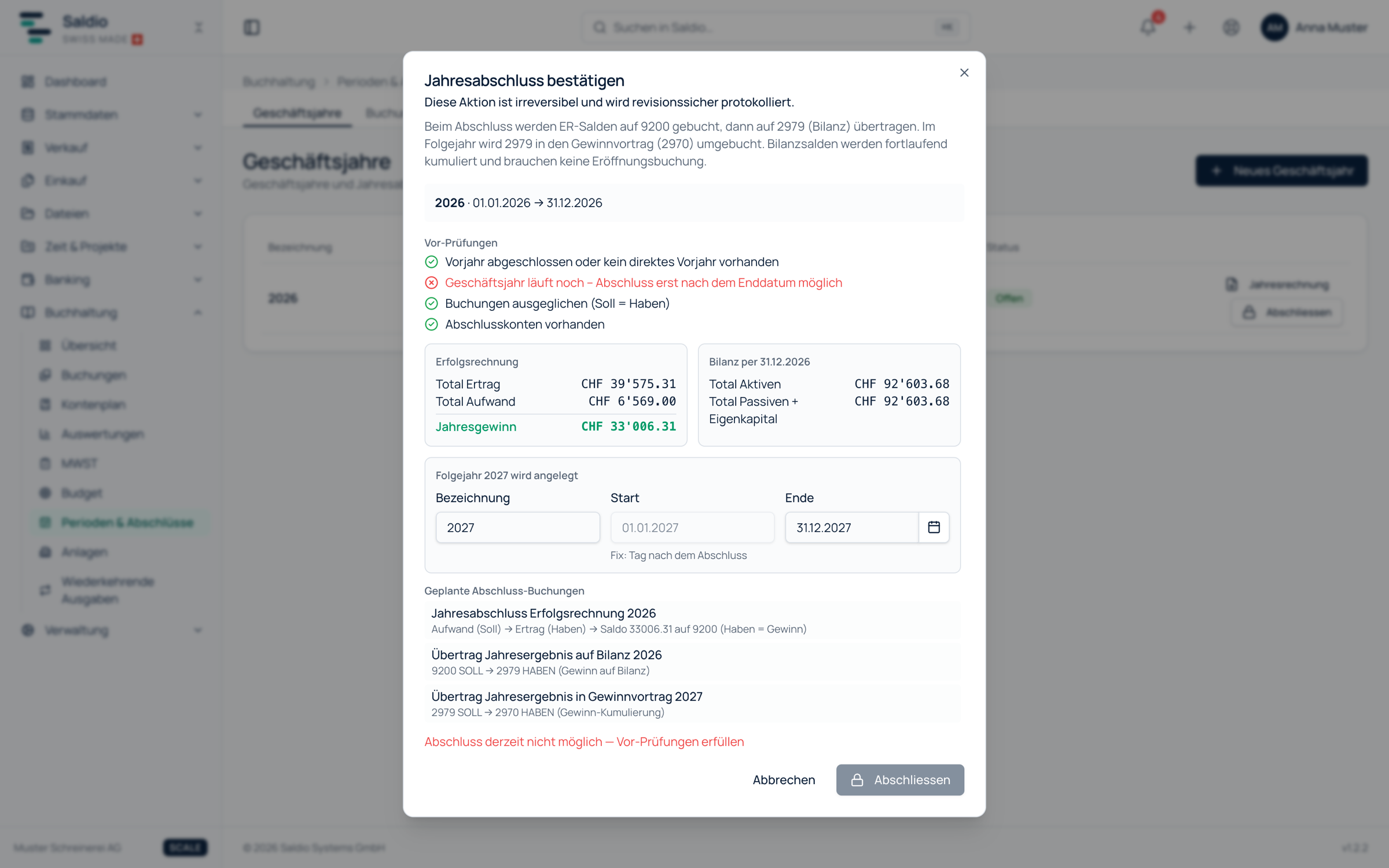 Abschlussvorschau mit Vorprüfungen, Erfolgsrechnung, Bilanz und geplanten Abschlussbuchungen