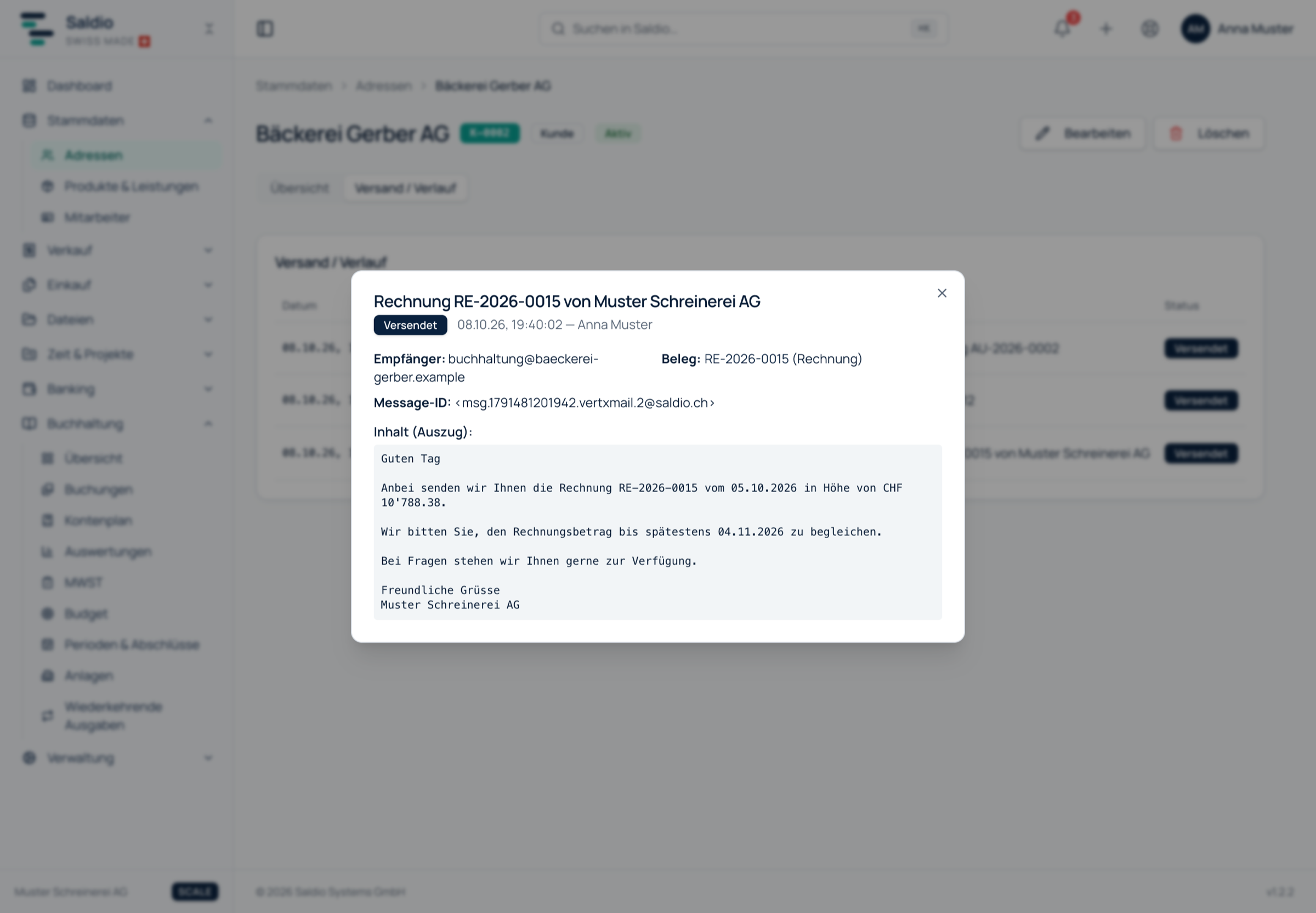 Detailansicht eines E-Mail-Versands mit Empfänger, Beleg und Auszug aus dem Text