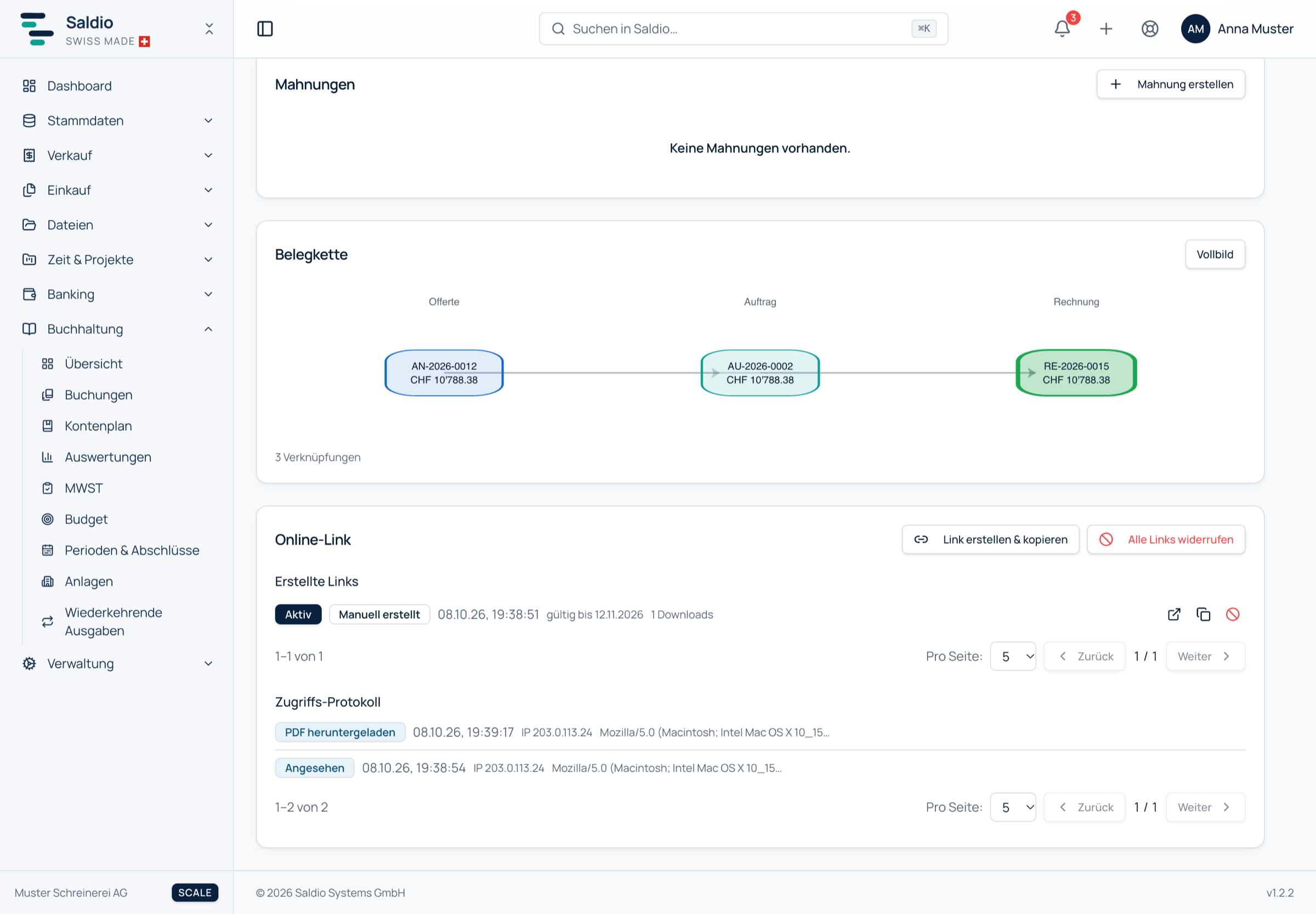 Karte Online-Link an einer Rechnung mit Zugriffs-Protokoll und Liste der erstellten Links