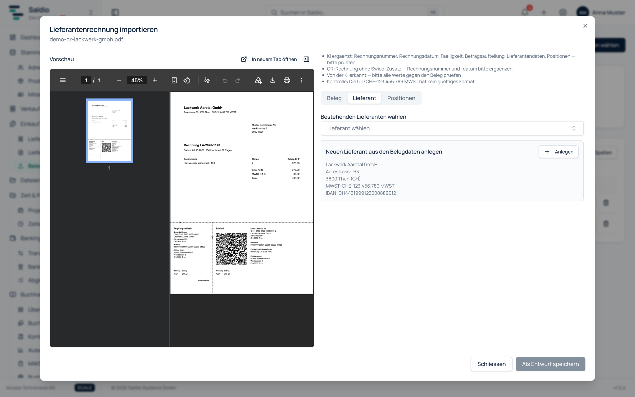Register Lieferant im Beleg-Import mit dem Vorschlag, den Lieferanten aus den Belegdaten anzulegen