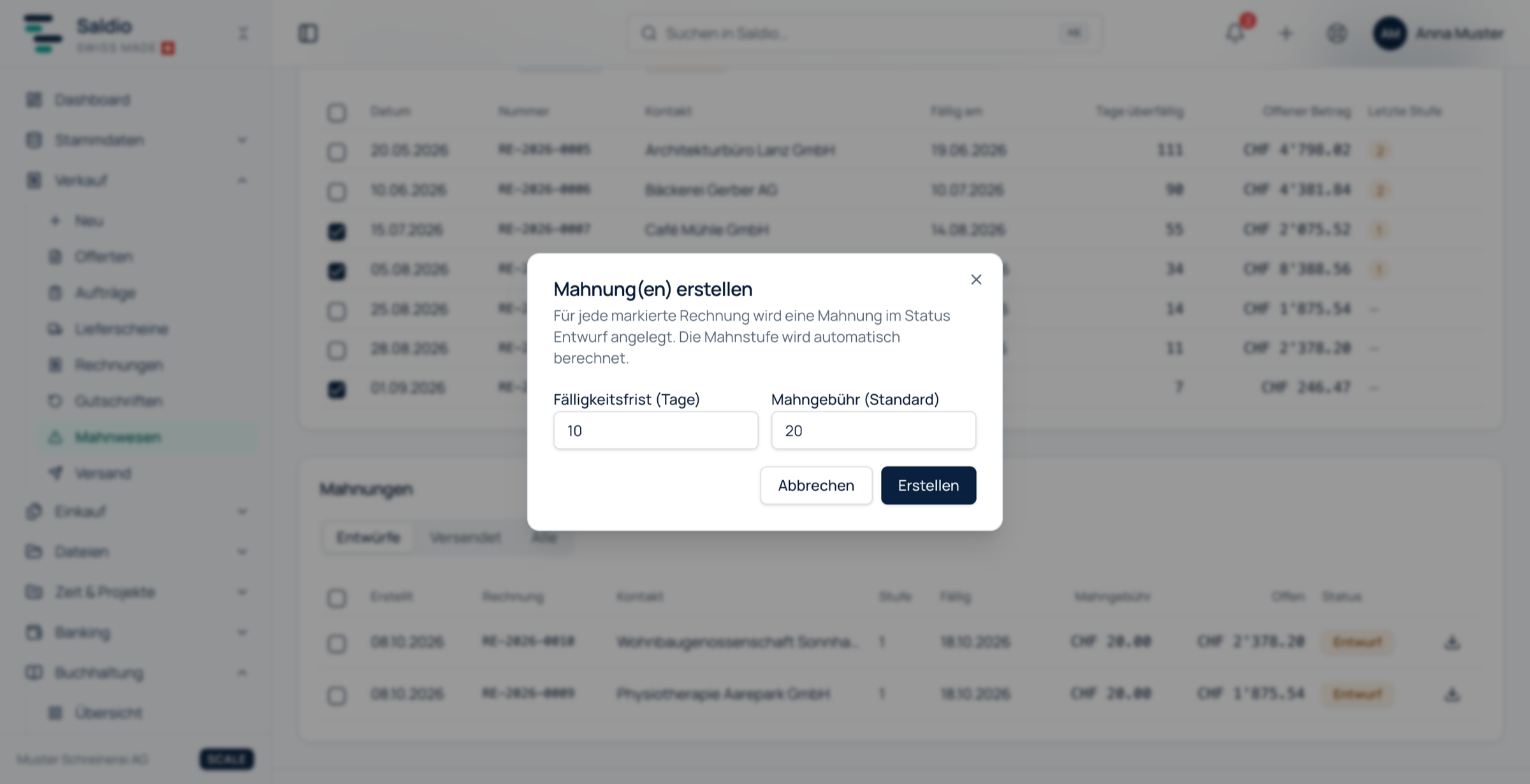 Dialog Mahnung(en) erstellen mit Fälligkeitsfrist von 10 Tagen und einer Mahngebühr von CHF 20