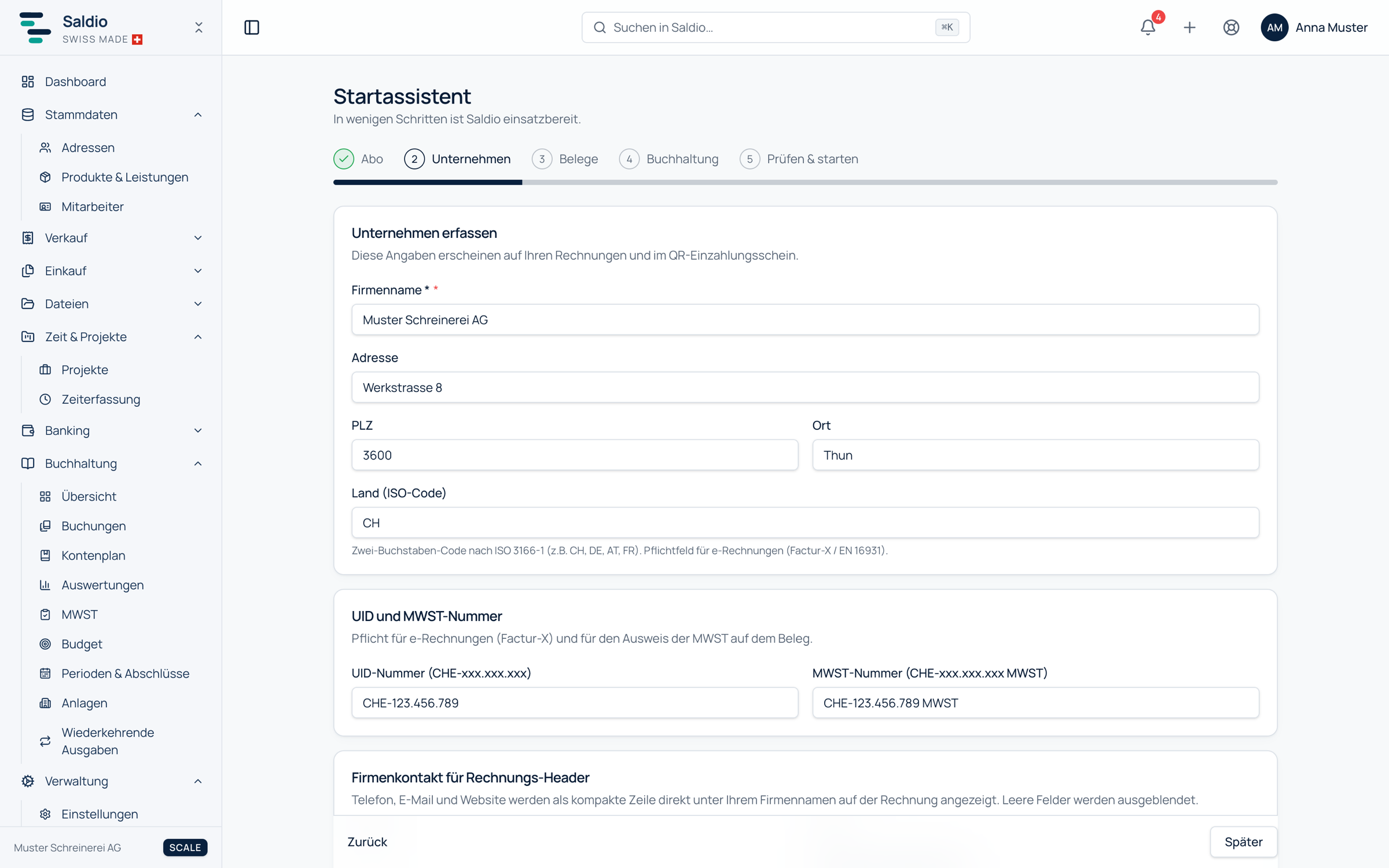 Startassistent von Saldio im Schritt Unternehmen mit Firmenname, Anschrift, UID- und MWST-Nummer
