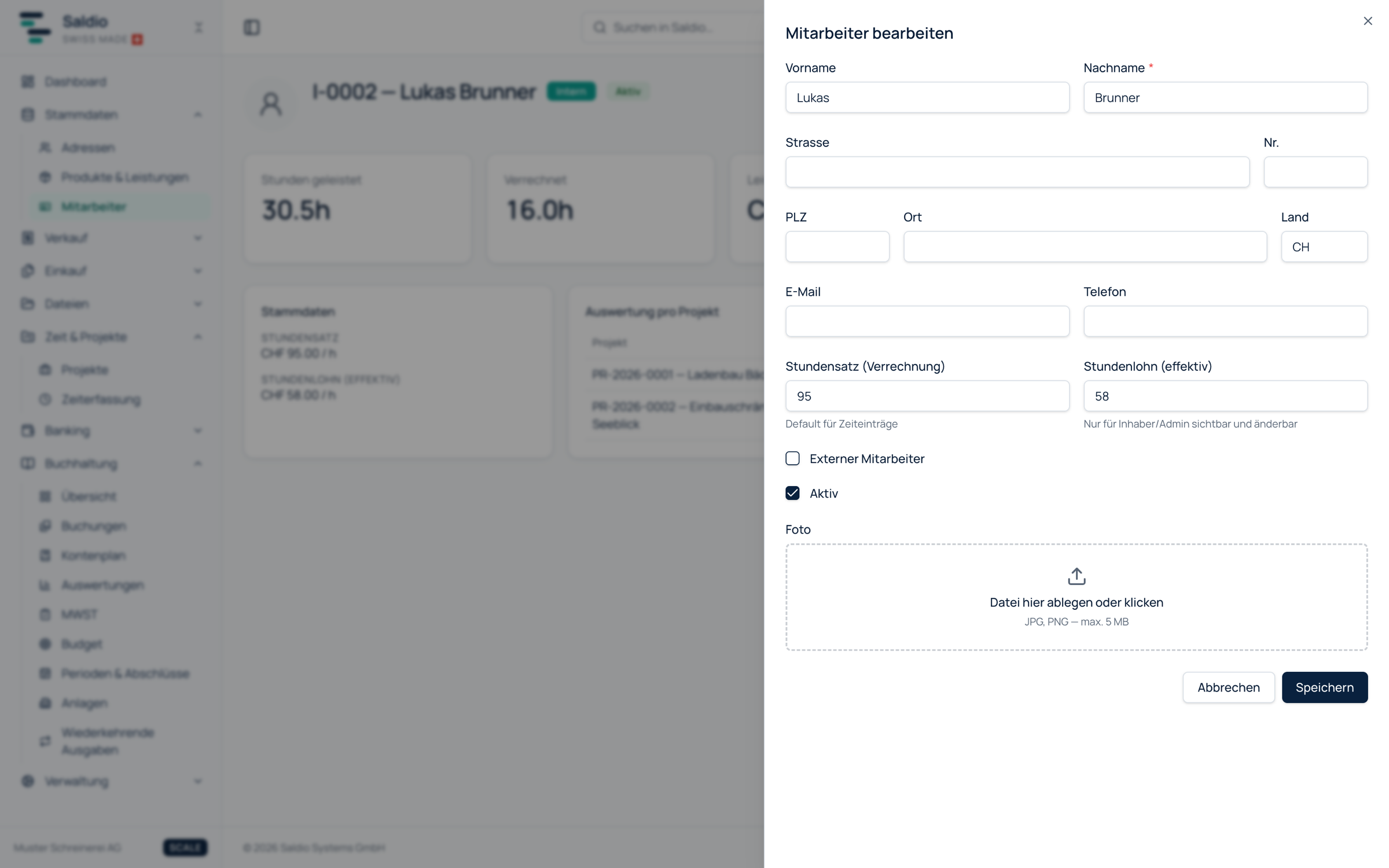 Formular Mitarbeiter bearbeiten mit Stundensatz für die Verrechnung und effektivem Stundenlohn
