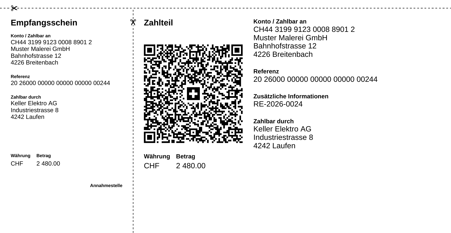 Zahlteil einer QR-Rechnung der Muster Malerei GmbH an die Keller Elektro AG über CHF 2'480.00 mit Swiss QR-Code, QR-IBAN und QR-Referenz