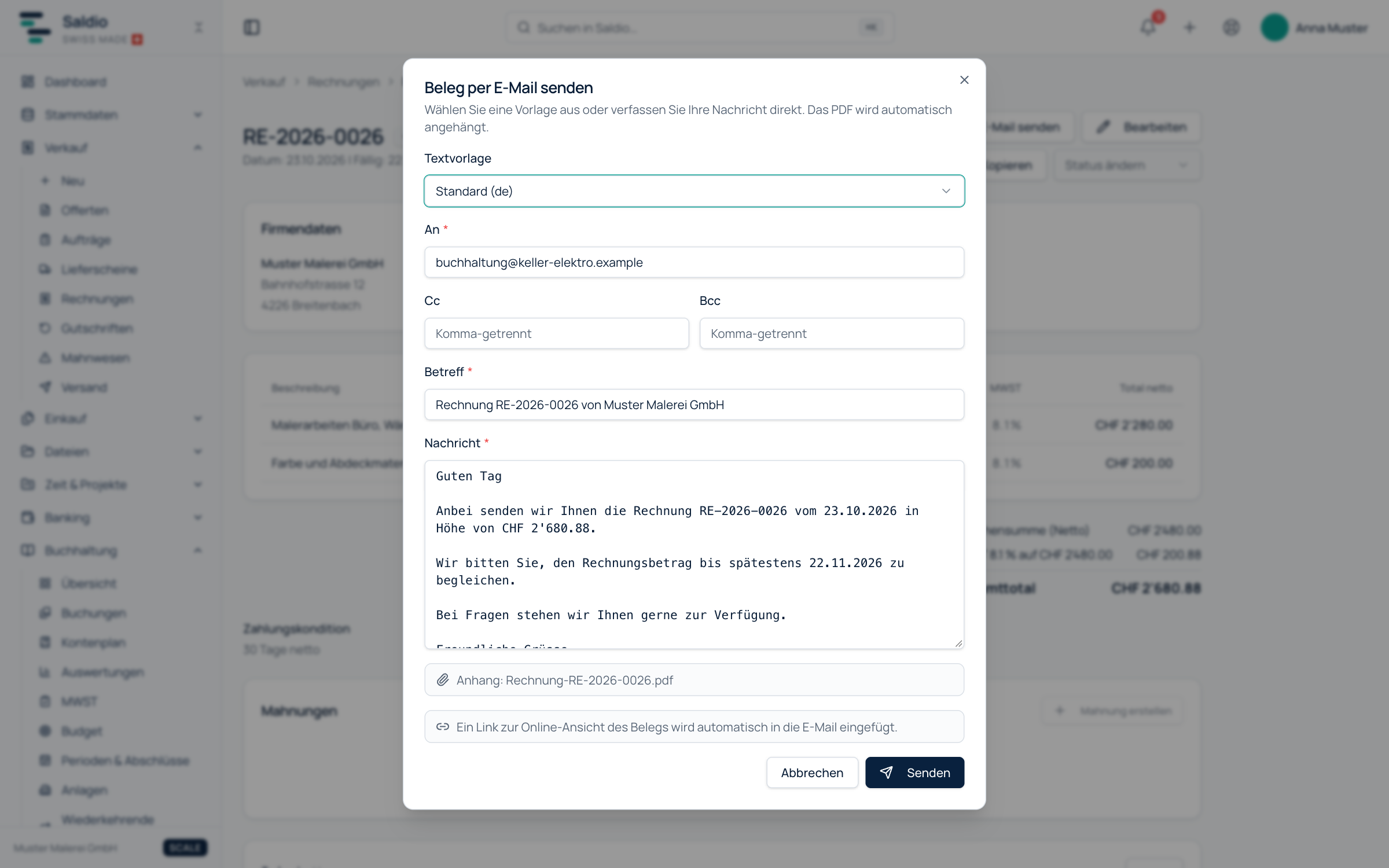 Dialog Beleg per E-Mail senden mit Empfänger, Betreff, Nachricht, PDF-Anhang und Hinweis auf den Online-Link