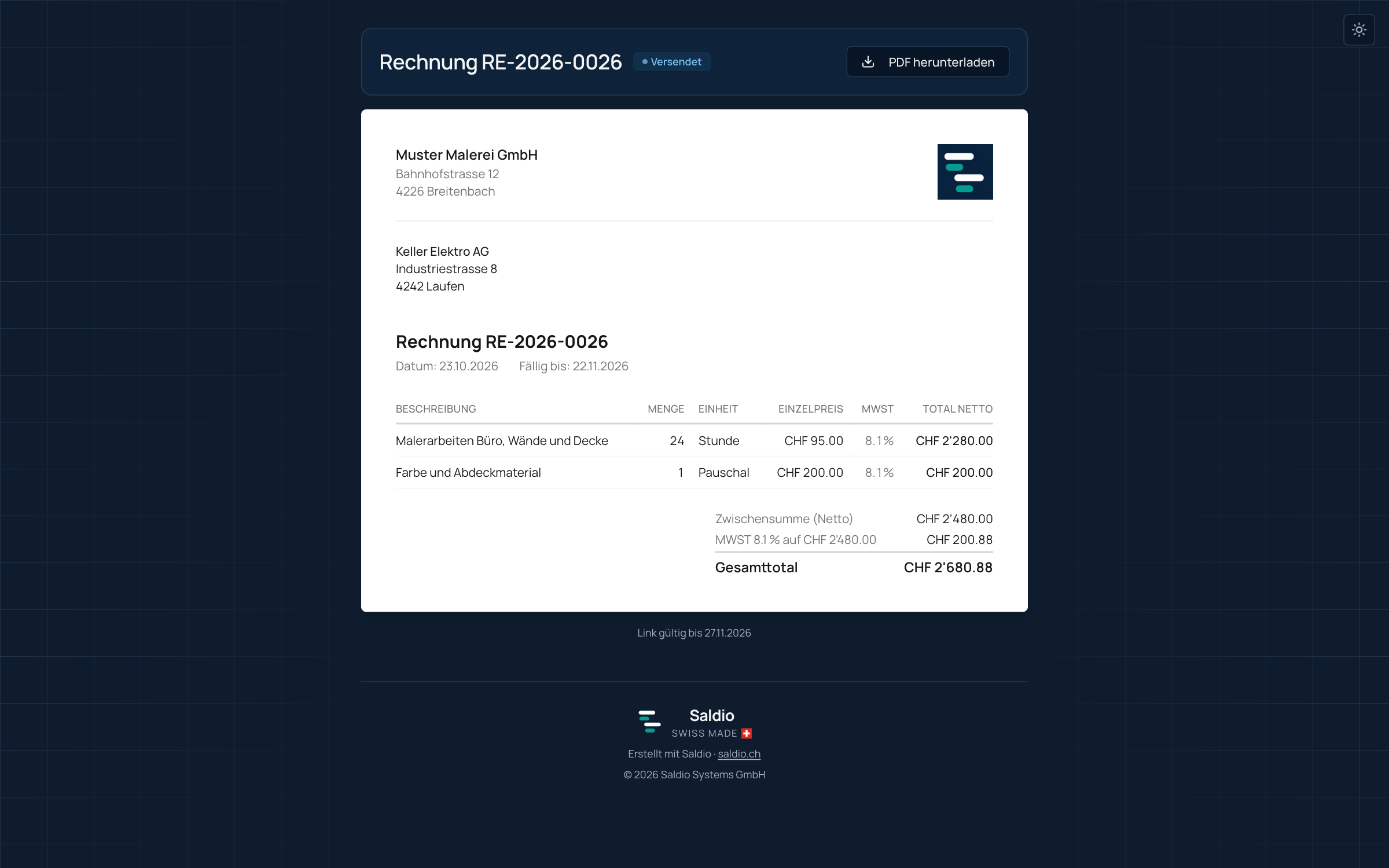 Online-Ansicht der Rechnung RE-2026-0026 im Browser mit Status Versendet, Positionen, Total und Knopf PDF herunterladen