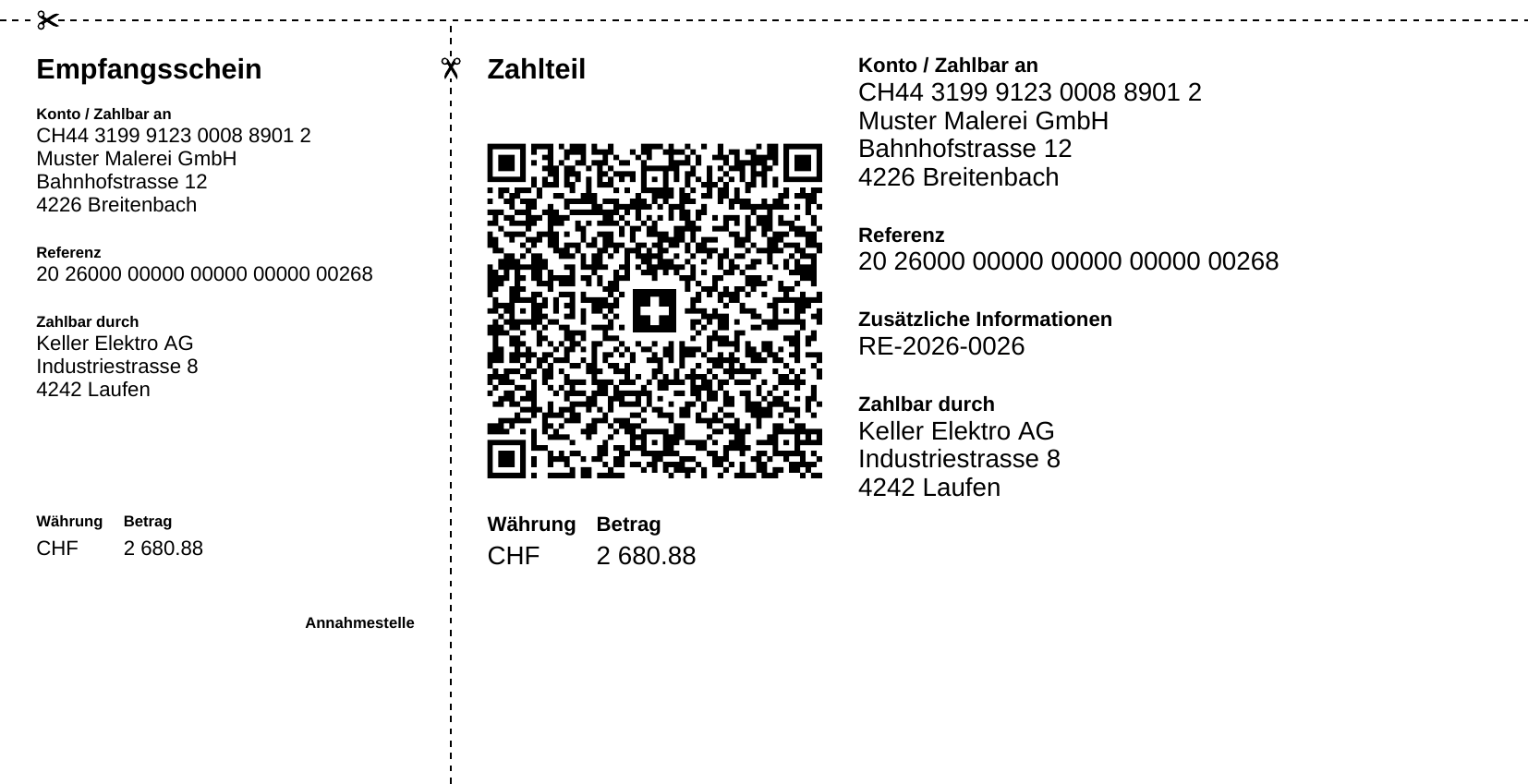 QR-Zahlteil und Empfangsschein der Rechnung mit QR-Code, Konto, Referenz und Betrag CHF 2'680.88