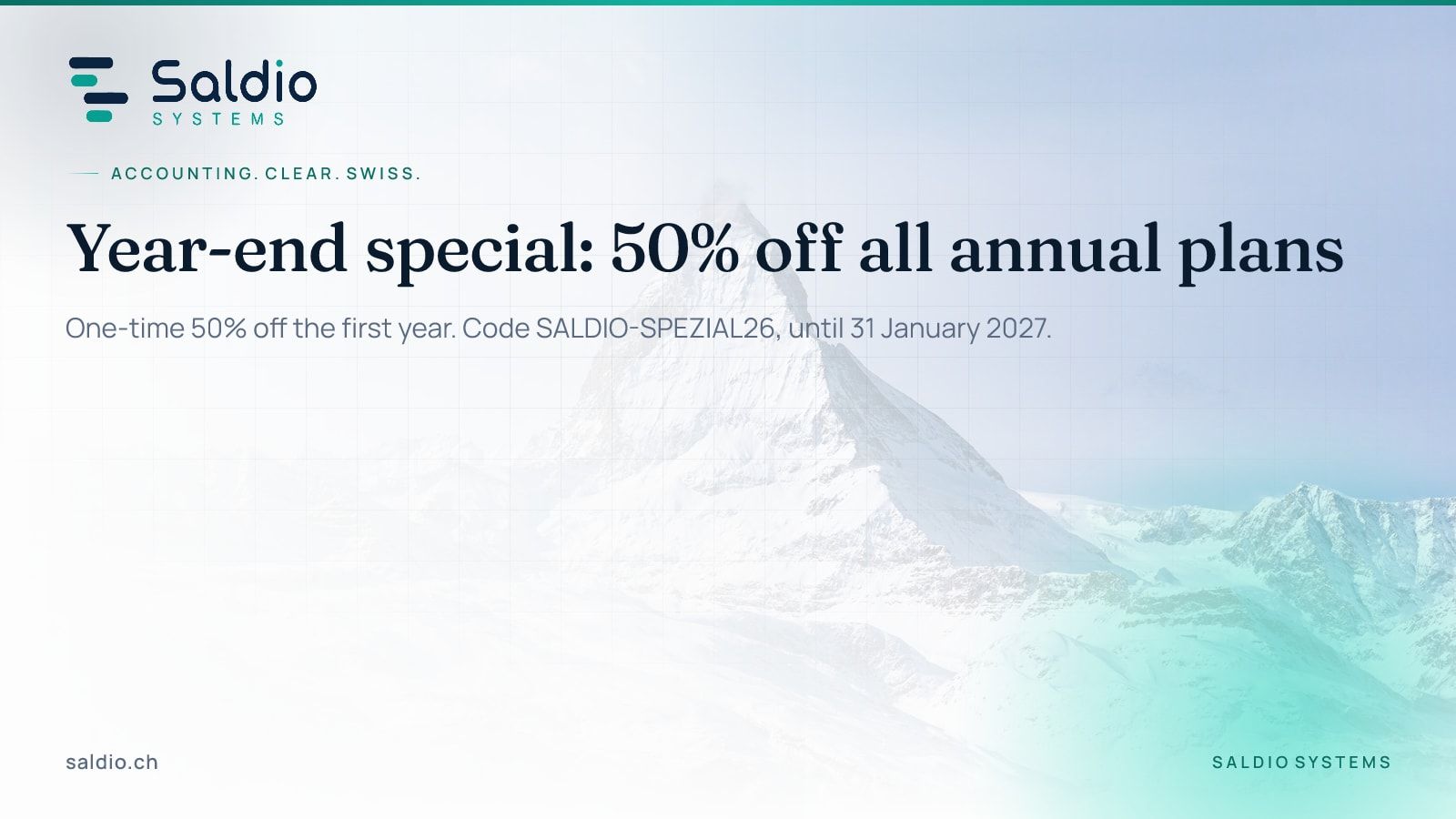 Saldio year-end special: 50% off all annual plans with the code SALDIO-SPEZIAL26