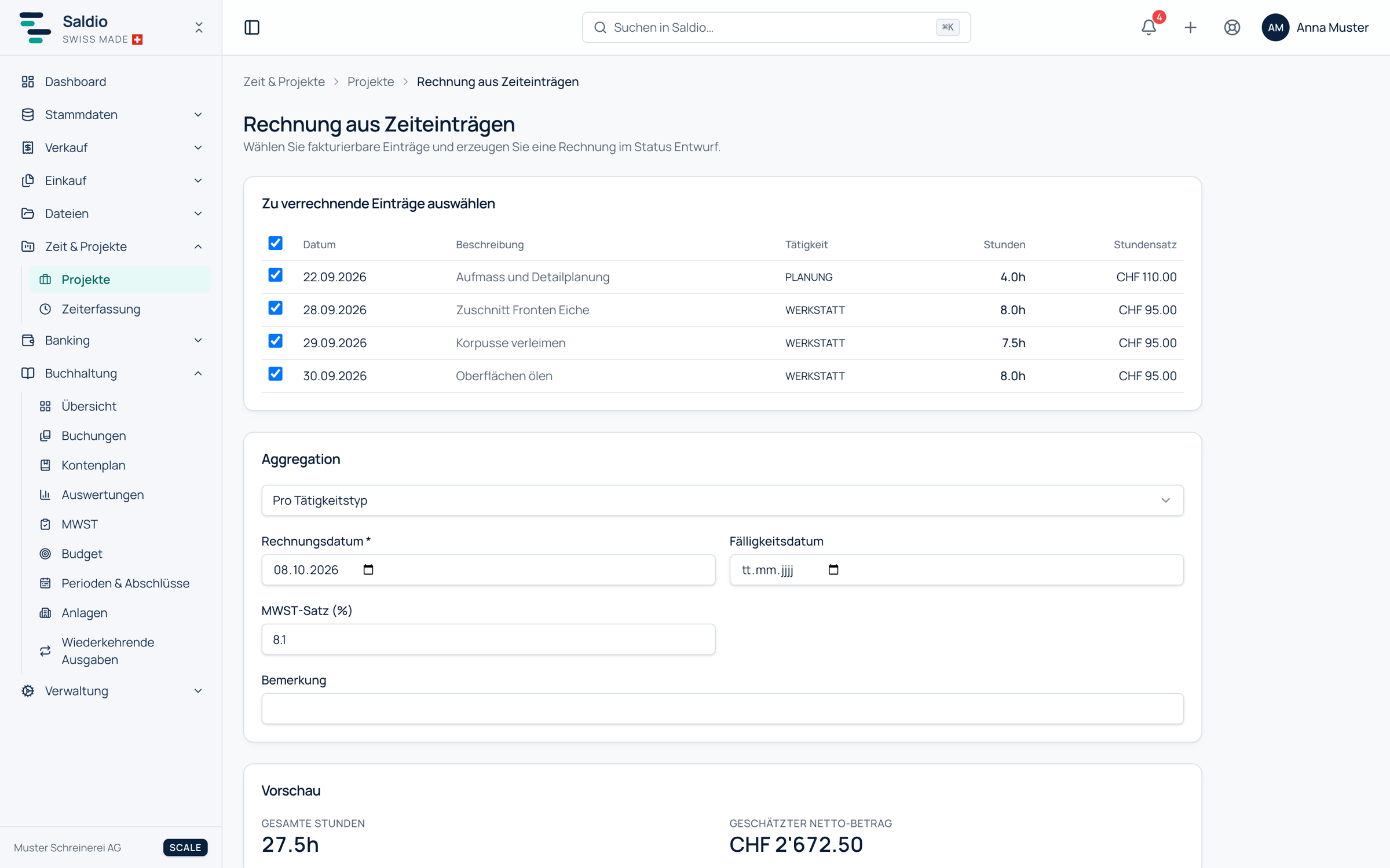 Assistent Rechnung aus Zeiteinträgen mit Aggregation pro Tätigkeitstyp und Vorschau